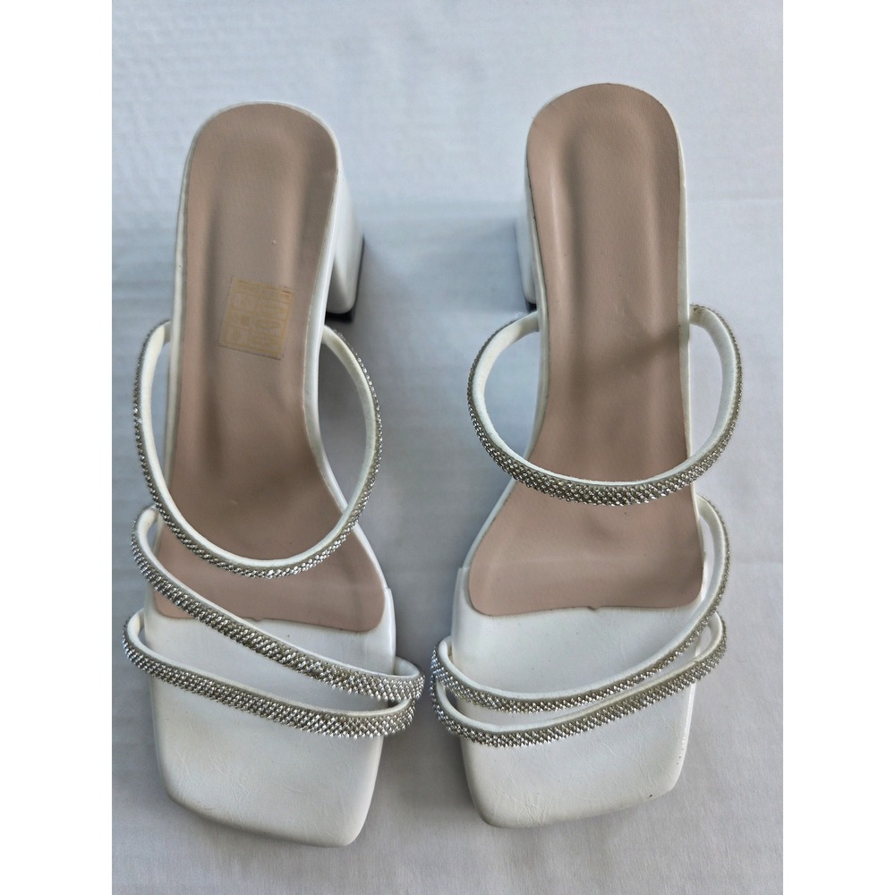 No brand Block Heel Sandals Womens 35 White Rhinestone Square Toe Slip On Mules